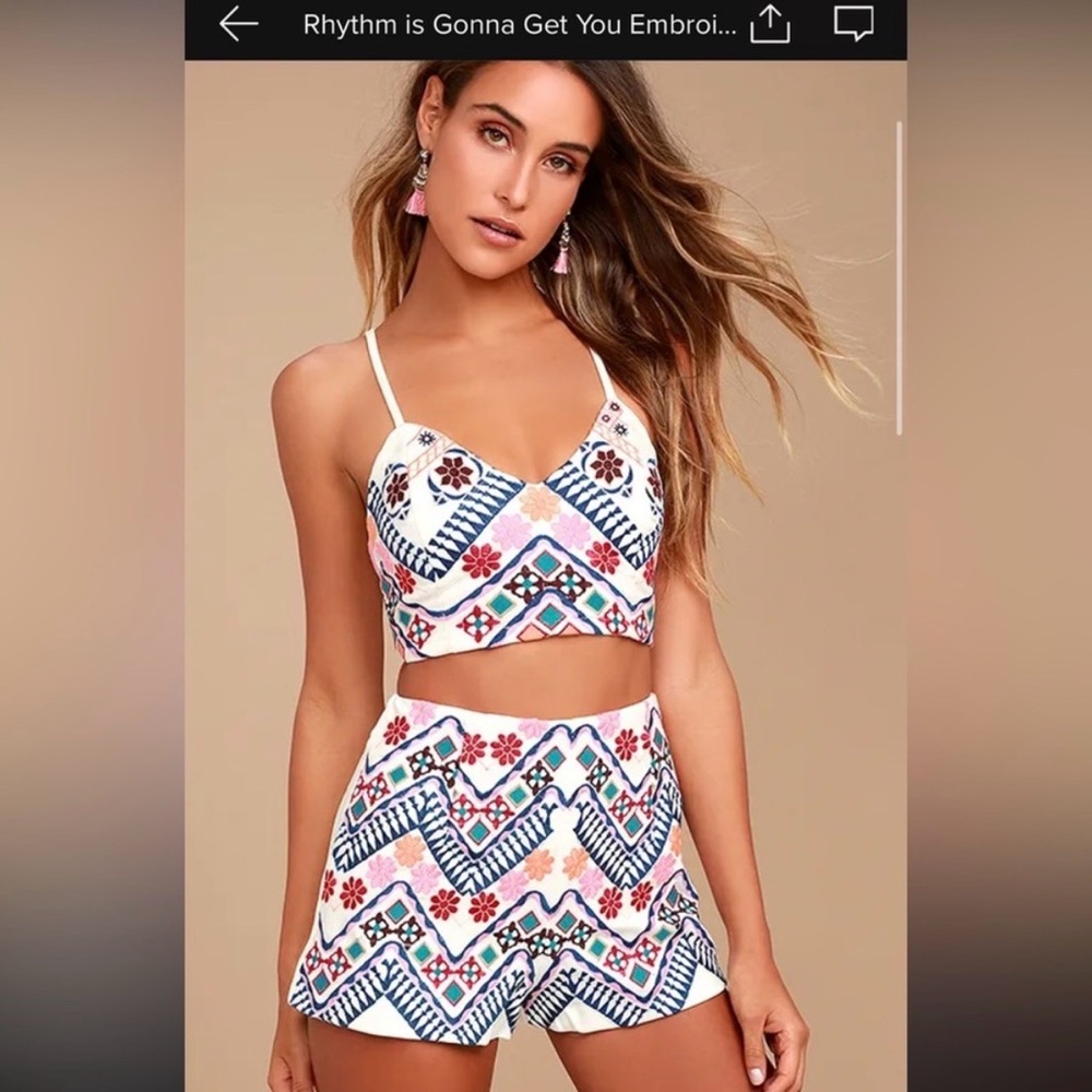 Lulu’s Rhythm is Gonna Get You Embroidered Top and Shorts S NWOT